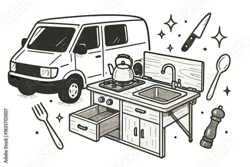 Van Kitchen Setup. A foldable table and kitchenette setup extending from the van side, surrounded by doodle tools and sparkles of