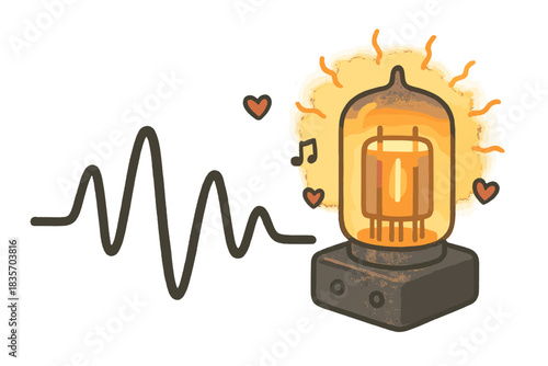 Warm Sound Vibes. A waveform cozying up near a glowing tube amp, with doodle warmth lines and tiny musical hearts floating, No