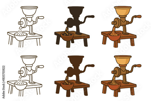 Stylized Grain Grinder. Rustic hand-cranked grain grinder on a table, stylized with clean minimal curves to evoke slow traditional