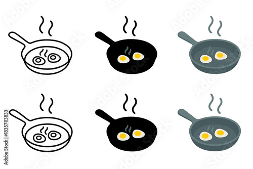Stylized Quail Eggs. Small quail eggs sizzling in cast iron pan, gentle steam rising in elegant minimalist form, representing