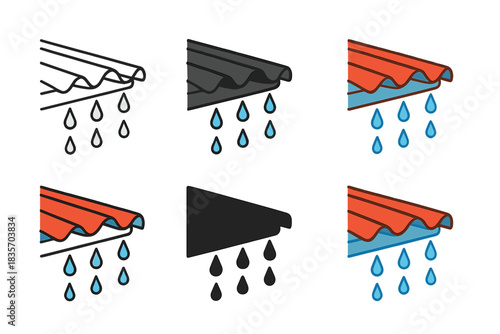 Rhythmic Water Droplets. Metal roof edge with dripping water forming rhythmic droplets, stylized repetition and gravity balance,