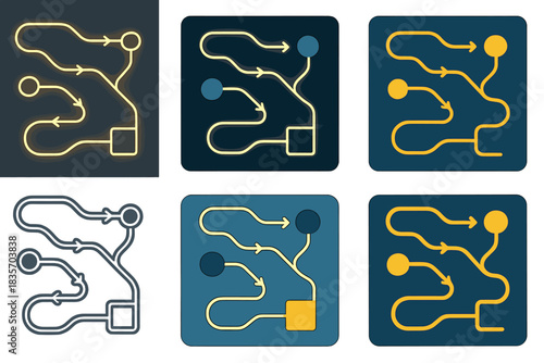 Dynamic Electron Flow Pattern. Top-down view of material surface with glowing network paths tracing electron flow around obstacles