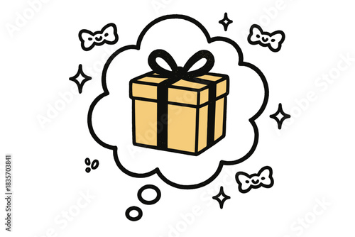 Gift Thought Bubble. A thought bubble containing a perfectly wrapped gift, tiny smiling bows and sparkles floating around,