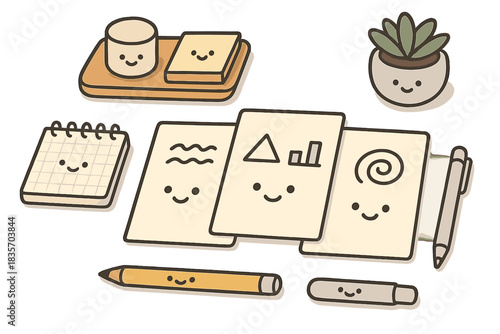 Smiling Desk Doodles. A tidy desk with doodle papers and items neatly aligned, each with tiny smiling faces, symbolizing order and