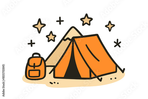 Camp Adventure Doodles. A campsite with a tent and tiny backpack icon, surrounded by doodle stars and a small mountain silhouette,