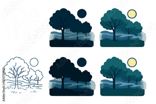 Moonlit Orchard Serenity. Night scene with faint smoke drifting through orchard trees, moonlight touching vapor lines, serene