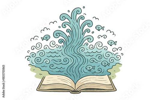 Storybook River Delta. A river delta flowing out of an open storybook, doodle waves and tiny happy fish swimming along, whimsical