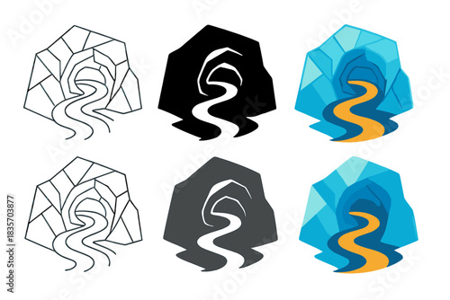 Glacial Erosion Art. Abstract representation of glacial erosion where stream spirals through sculpted ice tunnel, merging geometry
