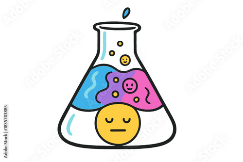 Alchemy of Emotions. A beaker where two colorful emotions mix, forming a neutral “peace” precipitate at the bottom, tiny happy