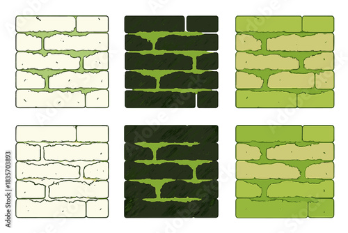 Mossy Garden Wall Evolution. Old garden wall with creeping moss along mortar lines, minimalist depiction of time and quiet