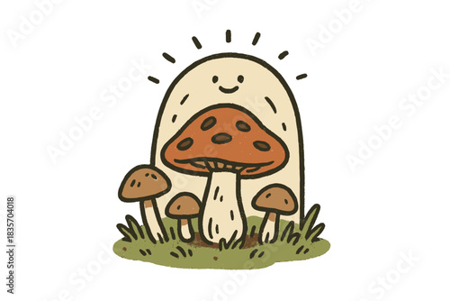 Smiling Mushroom Patch. A small mushroom patch with a tiny smiling protective barrier indicating “one left for nature,” playful