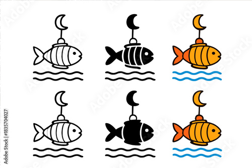 Floating Fish Lanterns. Floating lantern shaped like a fish under a crescent moon, simple minimalist vector icons, first in line