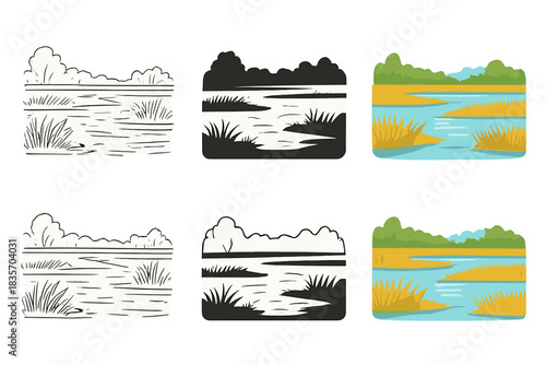 Scenic Marsh Layers. Marsh landscape with shallow water, reeds, and distant tree line, peaceful composition of layered horizon,