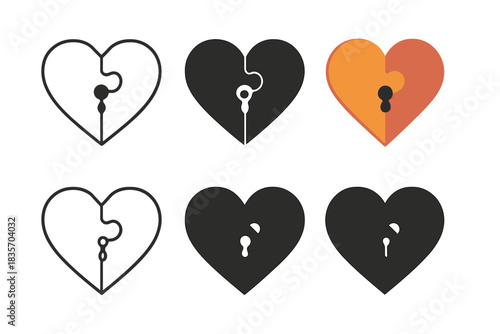 Puzzle Heart Keyhole. Two interlocking puzzle pieces forming a heart with a tiny keyhole in the center, clean minimal vector icons