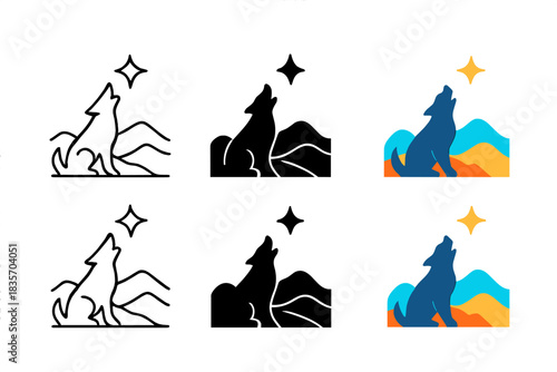 Howling Dog Silhouettes. Silhouette of a dog howling toward a star over layered mountain ridges, simple clean vector icons, first