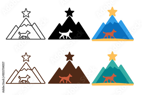 Starry Mountain Ridge. Mountain landscape with star embedded in summit and a dog walking along the ridge, minimal vector