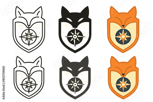Fox Shield Compass. Compass rose embedded in a fox-patterned shield with a faint world map overlay, minimal vector composition,