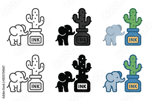 Curious Elephant and Cactus. Cactus growing from an ink bottle while a small elephant observes curiously, simple clean vector
