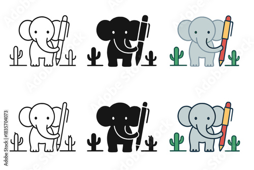 Creative Elephant Artistry. Elephant holding a pen with its trunk while standing between two small cacti, minimal vector