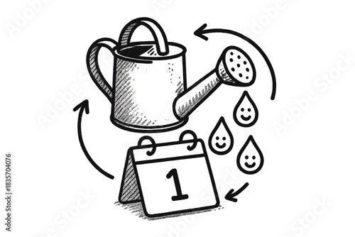 Smiling Water Droplets. A shared watering can placed on a calendar date, droplets with smiling faces falling gently, doodle arrows