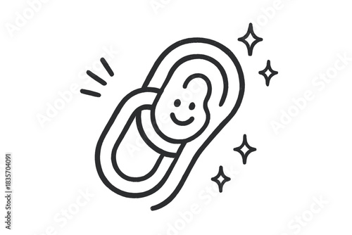 Ear Link Doodle. A link in a chain shaped like a smiling ear, tiny doodle sound waves and sparkles surrounding it, playful