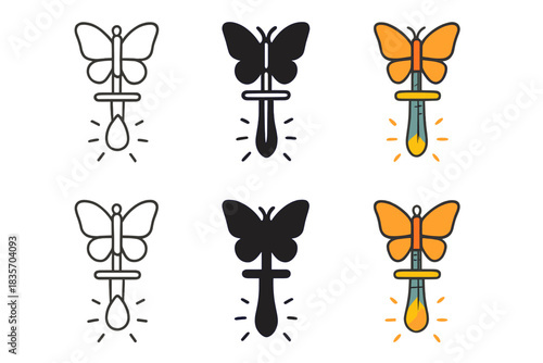 Butterfly and Sword Icon. Butterfly perched on sword handle while a glowing seed floats below, simple minimalist vector icons,