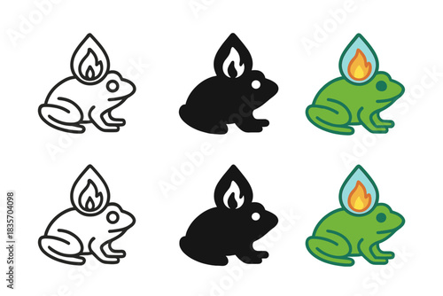 Frog's Fiery Reflection. Flame reflected in a droplet resting on a frog’s back, minimalist symbolic icons, first in line style