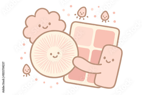 Spore Color Harmony. A spore print being gently matched to a color chart, friendly animated shapes, smiling tiny spores, soft