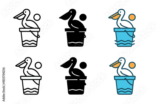 Minimalist Seaside Emblems. Pelican Beach Bucket, minimalist seaside emblem symbolizing balance, calm, and coastal life, first in