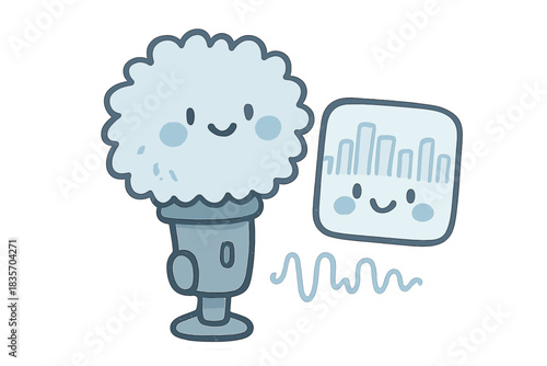 Whimsical Sound Capture. A cute microphone inside a fluffy windscreen, capturing a smiling animated soundscape spectrogram, soft