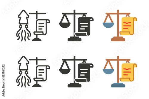 Creative Marine Balance Icons. Squid Ink Scroll, clean modern icon showing balance between marine life and creative expression,