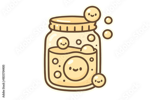 Whimsical Bubbly Jar. A cute mason jar filled with happy, bouncing bubbles, soft rounded shapes, limited pastel amber and cream