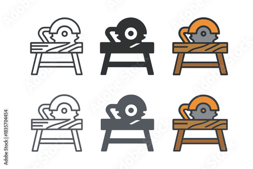 Circular Saw Styles. Circular saw icon next to plank on carpenter table, clear industrial lines, first in line style with thin
