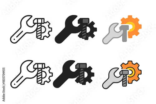 Mechanical Tools Evolution. Wrench gripping a bolt beside gear icon, precise mechanical alignment, first in line style with thin