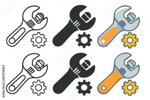 Wrench and Gear Designs. Adjustable wrench turning bolt beside small gear detail, sharp crisp outline, first in line style with