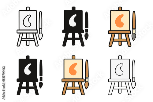 Artistic Process Elements. Vertical paintbrush resting beside easel with half-finished stroke visible, minimal studio vibe, first