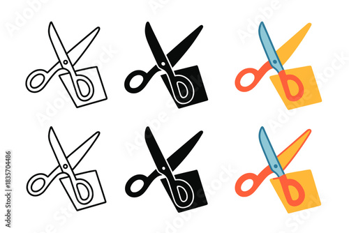 Scissors Cutting Stages. Scissors open wide above folded paper sheet, moment before cutting, simple dynamic flow, first in line