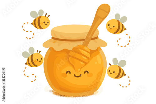 Smiling Honey Jar. A cute jar of honey with a smiling honey dipper, tiny bees buzzing around like stickers, soft and cozy forms,