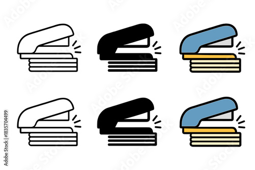 Stapler in Action. Stapler pressing down on stack of paper, small click motion lines shown, first in line style with thin outline,