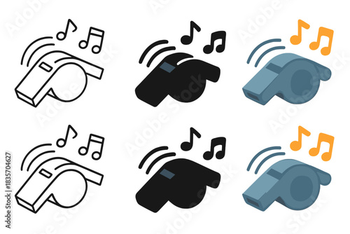 Whistle Art Styles. Close-up of metal whistle with vibration lines and notes, first in line style with thin outline, second in