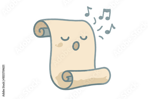 Melodic Animated Scroll. A whimsical scroll being read by humming, tiny animated notes rising from it, soft rounded doodle style,