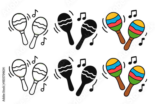 Vibrant Maracas Melody. Pair of maracas being shaken with musical notes flying, first in line style with thin outline, second in