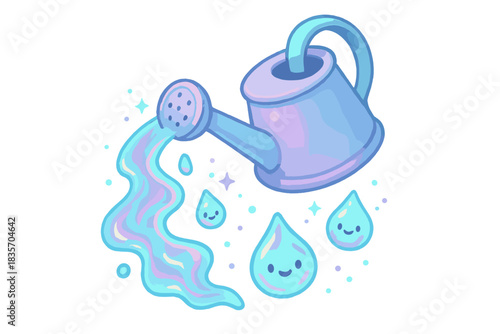 Playful Energy Watering Can. A playful watering can pouring shimmering rift-energy, tiny animated droplets with happy faces, soft