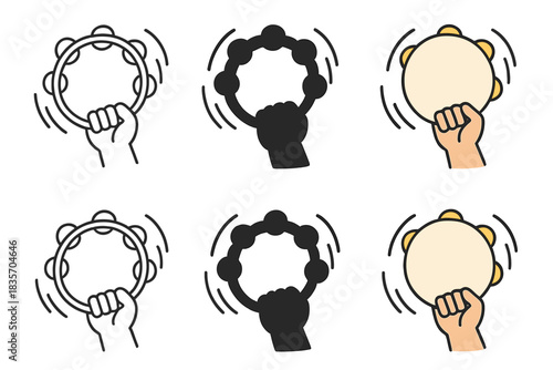Vibrant Tambourine Styles. Tambourine in hand with animated shake lines and rhythm arcs, first in line style with thin outline,