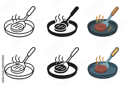 Sizzling Burger Evolution. Burger on pan being turned with spatula and sizzling arcs, first in line style with thin outline,