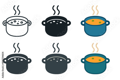 Stylized Soup Pot. Stylized cooking pot with soup and animated steam motion lines, first in line style with thin outline, second