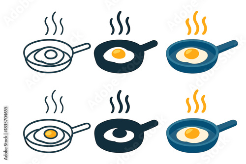 Cooking Pan Magic. Cooking pan with egg and glowing steam and rhythm arcs, first in line style with thin outline, second in solid