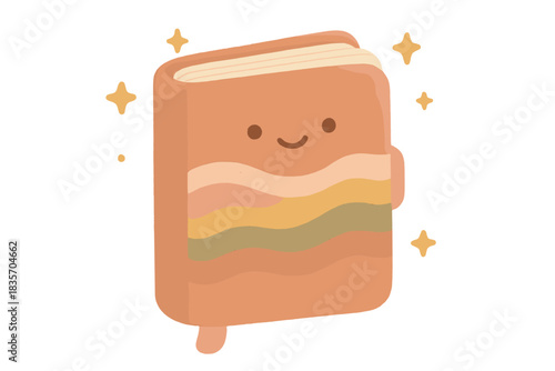 Dreamy Pastel Journal. A cheerful dream-journal with stacked colorful strata pages, tiny floating stars, soft rounded friendly