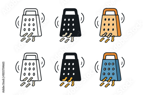 Cheese Grater Evolution. Stylized grater with animated cheese shreds and motion arcs, first in line style with thin outline,