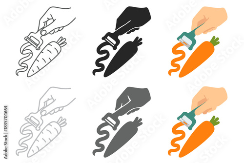 Peeling Carrot Art Styles. Hand holding peeler over carrot with spiraling strips falling, first in line style with thin outline,